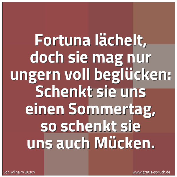 Spruchbild mit dem Text 'Fortuna lächelt, doch sie mag
nur ungern voll beglücken:
Schenkt sie uns einen Sommertag,
so schenkt sie uns auch Mücken.'