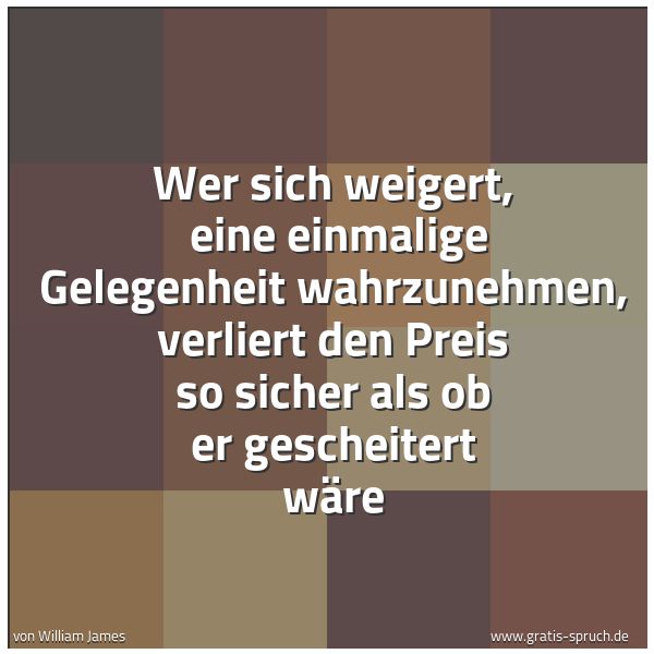 Spruchbild mit dem Text 'Wer sich weigert,
eine einmalige Gelegenheit wahrzunehmen,
verliert den Preis so sicher
als ob er gescheitert wäre'