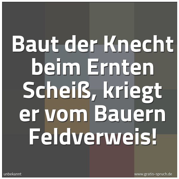 Spruchbild mit dem Text 'Baut der Knecht beim Ernten Scheiß,
kriegt er vom Bauern Feldverweis! '