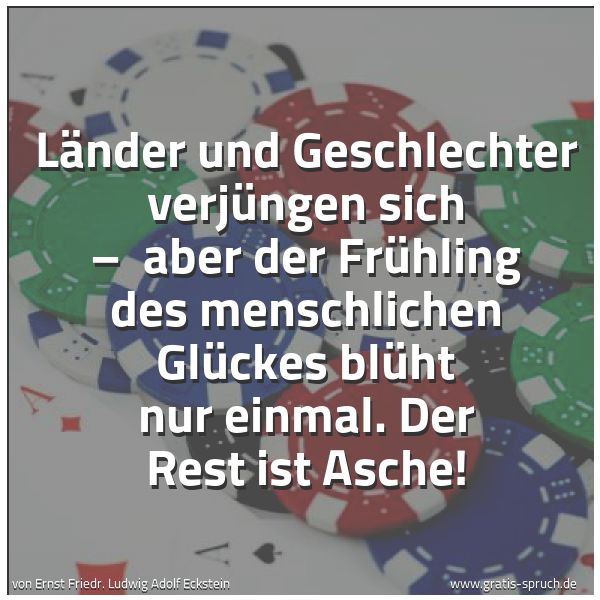 Spruchbild mit dem Text 'Länder und Geschlechter verjüngen sich –
aber der Frühling des menschlichen Glückes blüht nur einmal. Der Rest ist Asche!'
