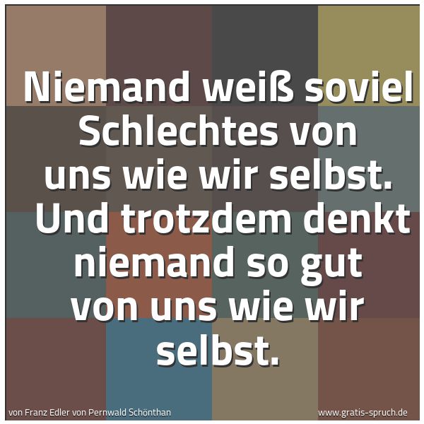 Spruchbild mit dem Text 'Niemand weiß soviel Schlechtes von uns wie wir selbst.
Und trotzdem denkt niemand so gut von uns wie wir selbst.'