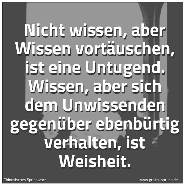 Spruchbild mit dem Text 'Nicht wissen, aber Wissen vortäuschen, ist eine Untugend. Wissen, aber sich dem Unwissenden gegenüber ebenbürtig verhalten, ist Weisheit. '