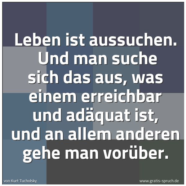 Spruchbild mit dem Text 'Leben ist aussuchen.
Und man suche sich das aus, was einem erreichbar und adäquat ist, und an allem anderen gehe man vorüber.'