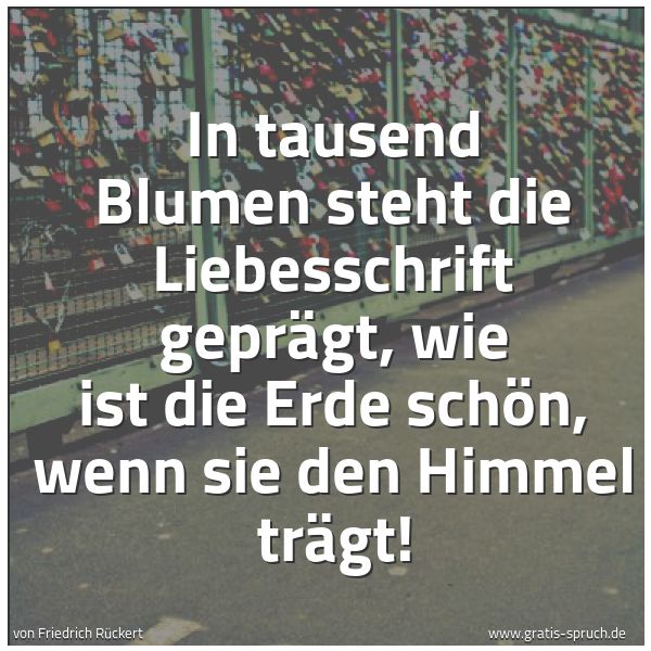 Spruchbild mit dem Text 'In tausend Blumen steht die Liebesschrift geprägt,
wie ist die Erde schön, wenn sie den Himmel trägt!'