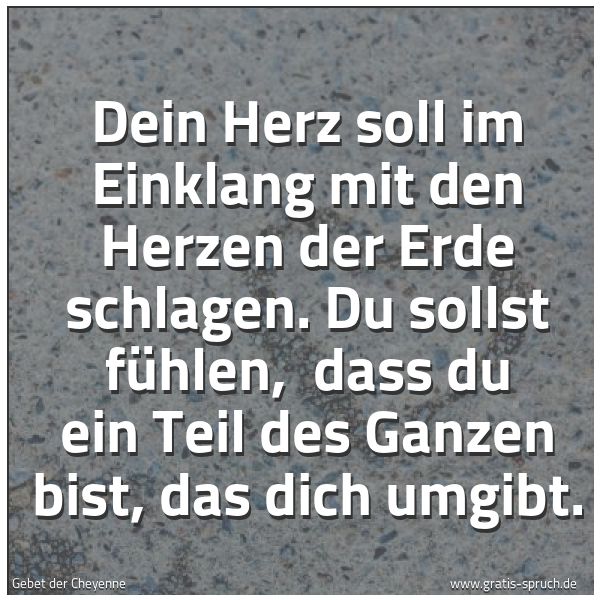 Spruchbild mit dem Text 'Dein Herz soll im Einklang mit den Herzen der Erde schlagen.
Du sollst fühlen,
dass du ein Teil des Ganzen bist, das dich umgibt.
'