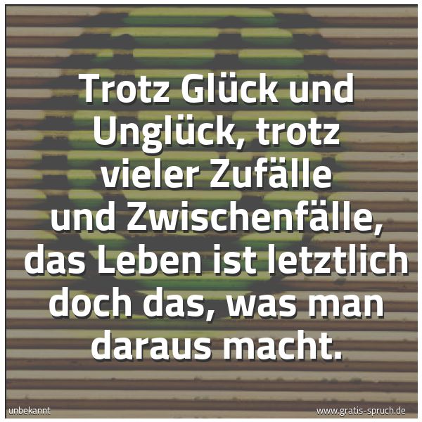 Spruchbild mit dem Text 'Trotz Glück und Unglück,
trotz vieler Zufälle und Zwischenfälle,
das Leben ist letztlich doch das,
was man daraus macht.'