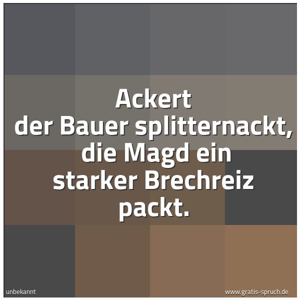 Spruchbild mit dem Text 'Ackert der Bauer splitternackt,
die Magd ein starker Brechreiz packt.'