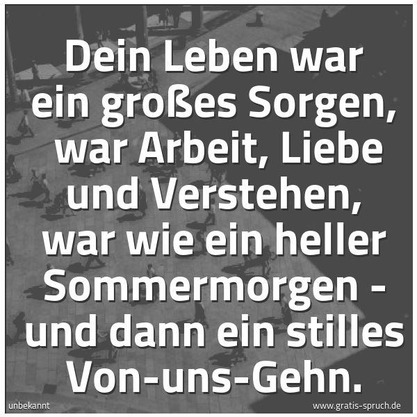 Spruchbild mit dem Text 'Dein Leben war ein großes Sorgen,
war Arbeit, Liebe und Verstehen,
war wie ein heller Sommermorgen -
und dann ein stilles Von-uns-Gehn.'