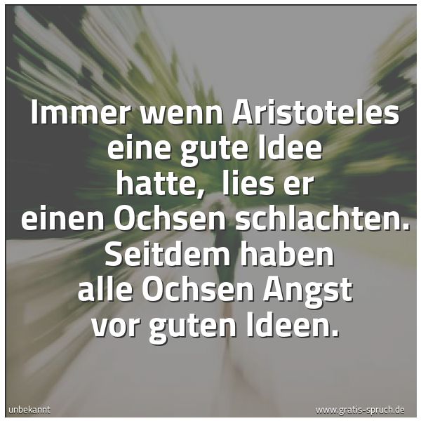 Spruchbild mit dem Text 'Immer wenn Aristoteles eine gute Idee hatte,
lies er einen Ochsen schlachten.
Seitdem haben alle Ochsen Angst vor guten Ideen. '