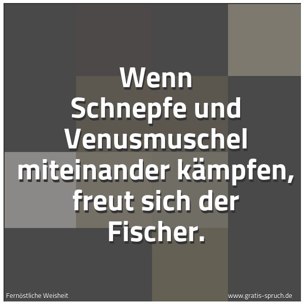 Spruchbild mit dem Text 'Wenn Schnepfe und Venusmuschel miteinander kämpfen,
freut sich der Fischer.'