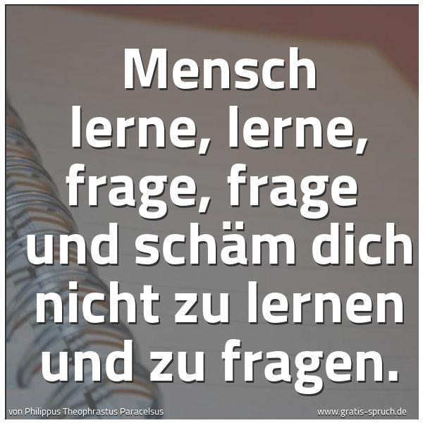 Spruchbild mit dem Text 'Mensch lerne, lerne, frage, frage
und schäm dich nicht zu lernen und zu fragen.'