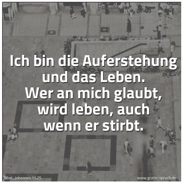 Spruchbild mit dem Text 'Ich bin die Auferstehung und das Leben.
Wer an mich glaubt, wird leben, auch wenn er stirbt.'