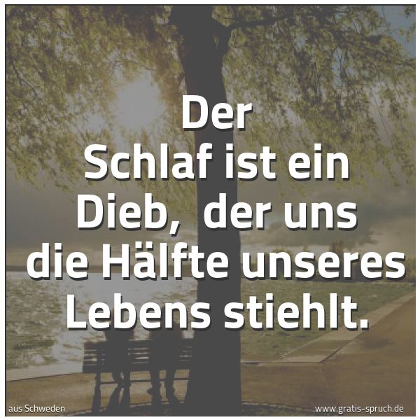 Spruchbild mit dem Text 'Der Schlaf ist ein Dieb,
der uns die Hälfte unseres Lebens stiehlt.'