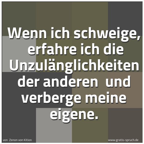 Spruchbild mit dem Text 'Wenn ich schweige,
erfahre ich die Unzulänglichkeiten der anderen
und verberge meine eigene.'