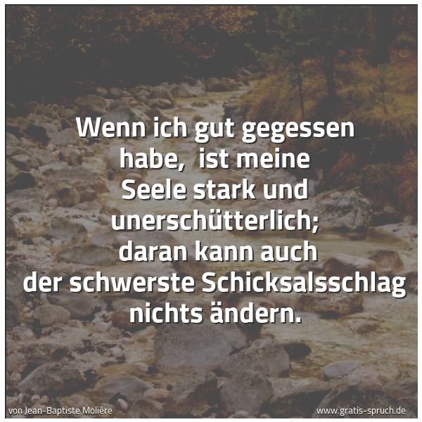 Spruchbild mit dem Text 'Wenn ich gut gegessen habe,
ist meine Seele stark und unerschütterlich;
daran kann auch der schwerste Schicksalsschlag nichts ändern. '