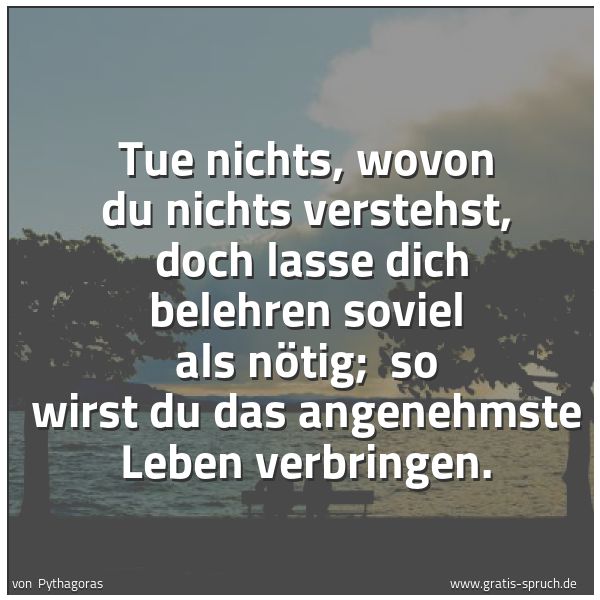 Spruchbild mit dem Text 'Tue nichts, wovon du nichts verstehst,
doch lasse dich belehren soviel als nötig;
so wirst du das angenehmste Leben verbringen.'