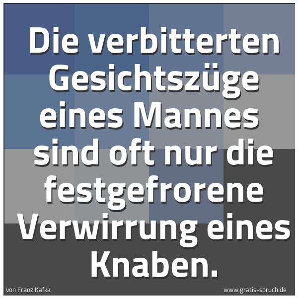 Spruchbild mit dem Text 'Die verbitterten Gesichtszüge eines Mannes
sind oft nur die festgefrorene Verwirrung eines Knaben.'