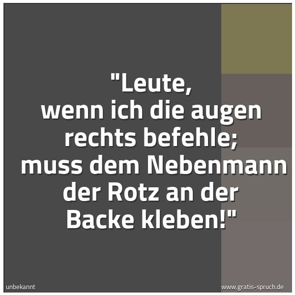 Spruchbild mit dem Text ''Leute, wenn ich die augen rechts befehle;
muss dem Nebenmann der Rotz an der Backe kleben!' '