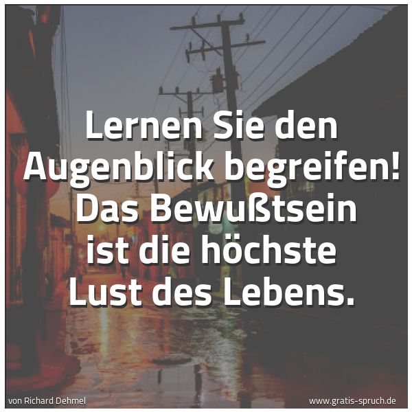 Spruchbild mit dem Text 'Lernen Sie den Augenblick begreifen!
Das Bewußtsein ist die höchste Lust des Lebens.'