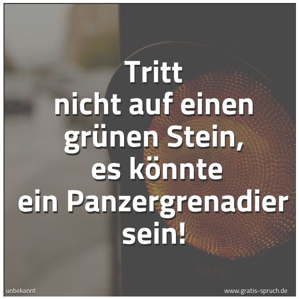 Spruchbild mit dem Text 'Tritt nicht auf einen grünen Stein,
es könnte ein Panzergrenadier sein!'