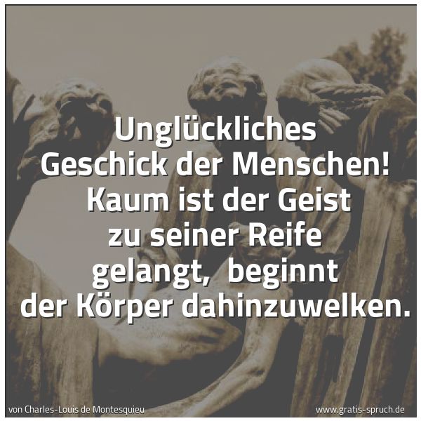 Spruchbild mit dem Text 'Unglückliches Geschick der Menschen!
Kaum ist der Geist zu seiner Reife gelangt,
beginnt der Körper dahinzuwelken. '