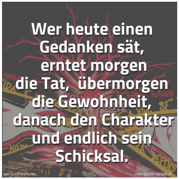 Spruchbild mit dem Text 'Wer heute einen Gedanken sät,
erntet morgen die Tat,
übermorgen die Gewohnheit,
danach den Charakter und endlich sein Schicksal. '