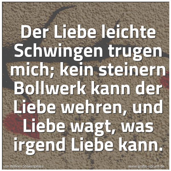 Spruchbild mit dem Text 'Der Liebe leichte Schwingen trugen mich;
kein steinern Bollwerk kann der Liebe wehren,
und Liebe wagt, was irgend Liebe kann.'