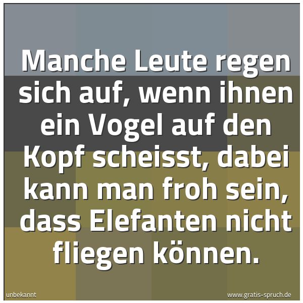 Spruchbild mit dem Text 'Manche Leute regen sich auf, wenn ihnen ein Vogel auf den Kopf scheißt, dabei kann man froh sein, dass Elefanten nicht fliegen können.'