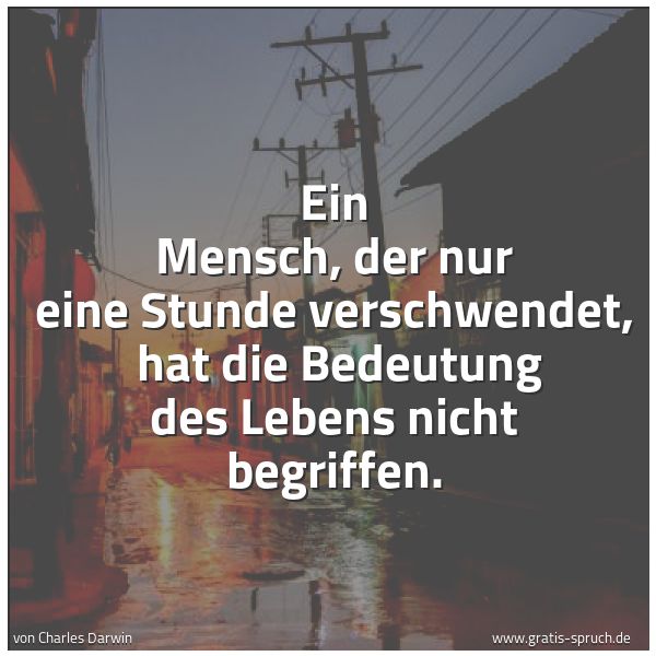 Spruchbild mit dem Text 'Ein Mensch, der nur eine Stunde verschwendet,
hat die Bedeutung des Lebens nicht begriffen.
'