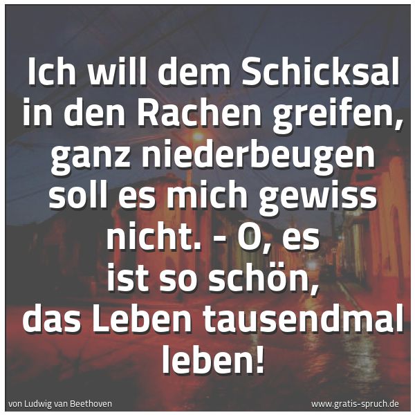 Spruchbild mit dem Text 'Ich will dem Schicksal in den Rachen greifen,
ganz niederbeugen soll es mich gewiss nicht. -
O, es ist so schön, das Leben tausendmal leben!'