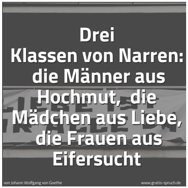 Spruchbild mit dem Text 'Drei Klassen von Narren:
die Männer aus Hochmut,
die Mädchen aus Liebe,
die Frauen aus Eifersucht'