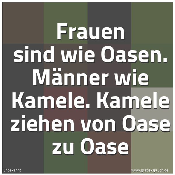 Spruchbild mit dem Text 'Frauen sind wie Oasen.
Männer wie Kamele.
Kamele ziehen von Oase zu Oase'