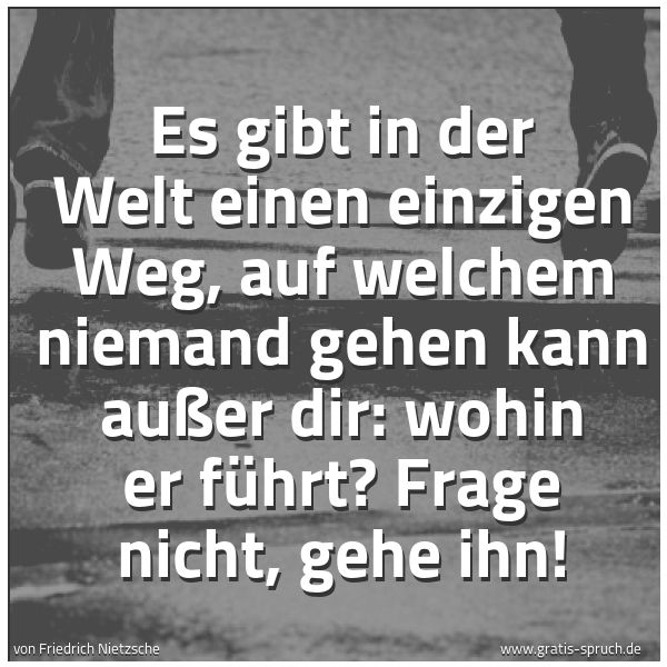 Spruchbild mit dem Text 'Es gibt in der Welt einen einzigen Weg,
auf welchem niemand gehen kann außer dir:
wohin er führt? Frage nicht, gehe ihn!'