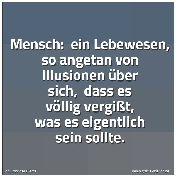Spruchbild mit dem Text 'Mensch:
ein Lebewesen, so angetan von Illusionen über sich,
dass es völlig vergißt, was es eigentlich sein sollte.'