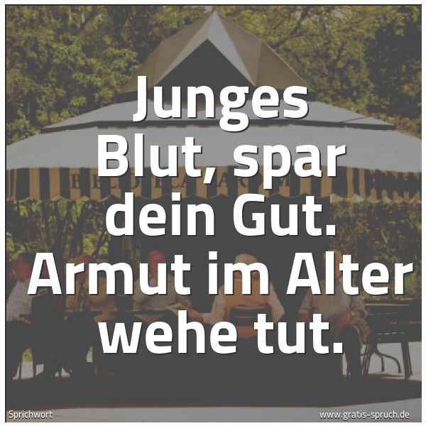 Spruchbild mit dem Text 'Junges Blut, spar dein Gut.
Armut im Alter wehe tut.'