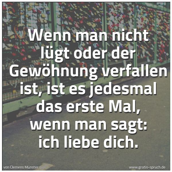 Spruchbild mit dem Text 'Wenn man nicht lügt
oder der Gewöhnung verfallen ist,
ist es jedesmal das erste Mal,
wenn man sagt: ich liebe dich.'